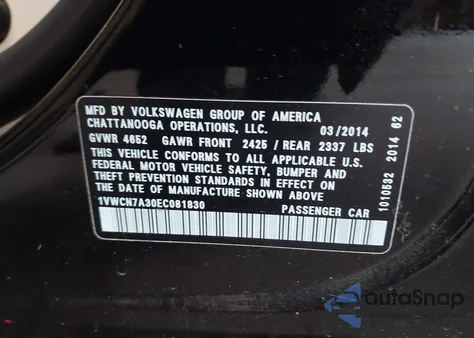 2014 Volkswagen Passat 2.0L Tdi Sel Premium z USA, uszkodzony, nr VIN 1VWCN7A30EC081830